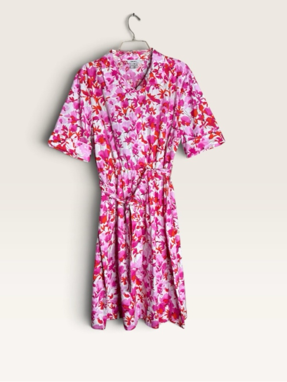 DKNY Size 16 NWT Pink Floral Cotton Belted Midi Dress MSRP $119